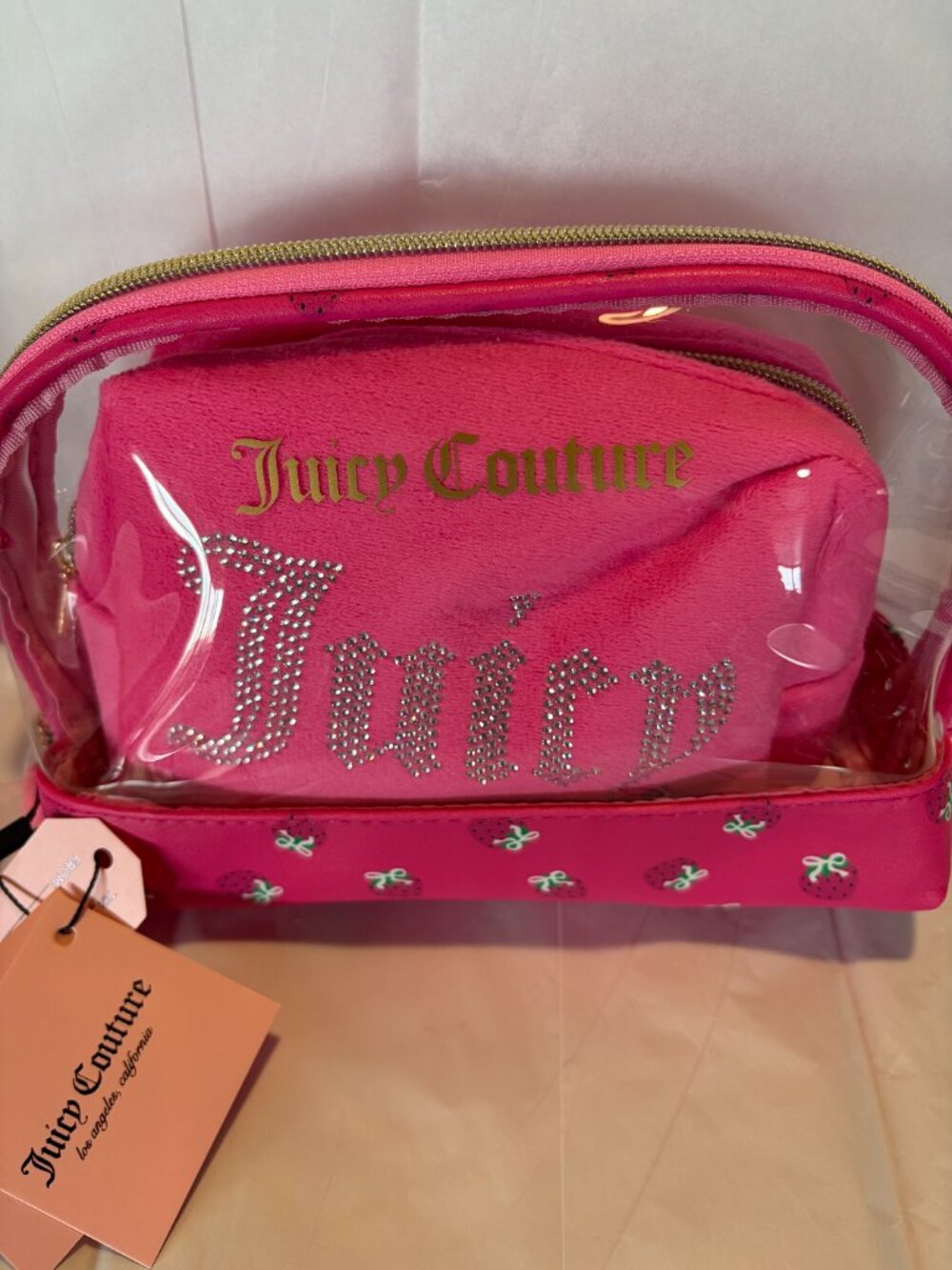 Juicy Couture Cosmetic Bag Set Pink Terry Juicy Rhinestone Travel - Picture 2 of 5